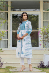 White Floral Printed Cotton Kurta With Buttons-P1038WHITE